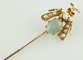 14k Oro Giallo Jade Cabochon Ape Fly Spilla Con Grani Perle Splendido - £355.29 GBP