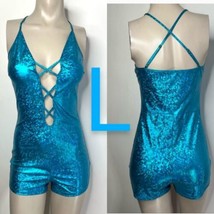 Aqua Blue Metallic Disco Ball Pattern Front Crisscross Cut Out Romper~Size L - £23.28 GBP