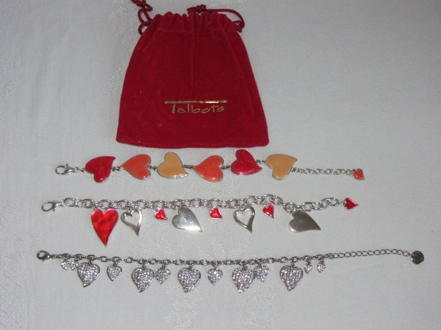 3 Vintage Bracelets Heart Charms Silver w Enamel & 1 Pave Rhinestone Talbot's - $25.73