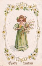 Easter Greetings Little Girl Green Dress Holding Yellow Bird 1913 Postca... - $8.99