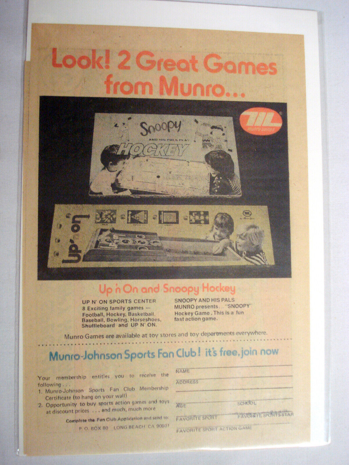 Primary image for 1975 Ad Munro Games Snoopy Hockey and Up N' On Sports Center, Long Beach, Ca.