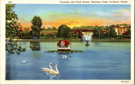 Vintage Postcard 1944 Fountain And Duck House Deering Oaks Portland Maine ME - £5.12 GBP