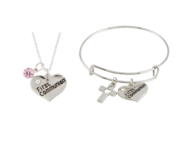 Girls First Communion Necklace &amp;Bracelet Set Heart Cross Pink 1st Eucharist Gift - £12.78 GBP