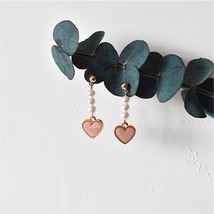 Pearl Drop Earrings, Drop Dangle Heart Korean Earrings, Pink Heart Earrings - £10.89 GBP