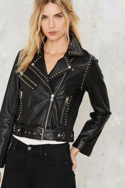 Women's Black Color Genuine Leather Biker Silver Small Studded Belted Fit Jacket