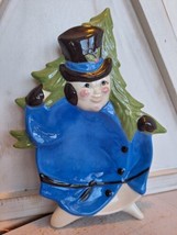 VTG Snowman Candy Dish Blue Coat Ceramic Christmas Tree In Background 9&quot; Long - £9.99 GBP