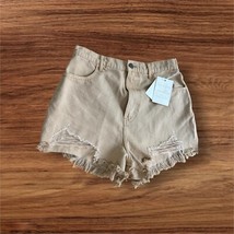 NWT Mumu Denim Shorts Distressed Frayed Hem High Waist Casual Tan Sz 29 ... - $467.87 MXN