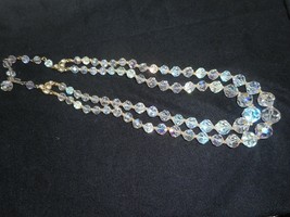 Glass Crystal Bead Necklace Two Strand Aurora Borealis Metal Spacers Hoo... - £18.03 GBP
