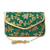 Clutch with Chain Golden Embroidered for Women&#39;s ( Rama Green) - $32.19