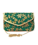 Clutch with Chain Golden Embroidered for Women&#39;s ( Rama Green) - £25.79 GBP