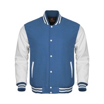 Bomber Varsity Letterman Baseball Jacket Sky Blue Body White Leather Sleeves - £75.30 GBP