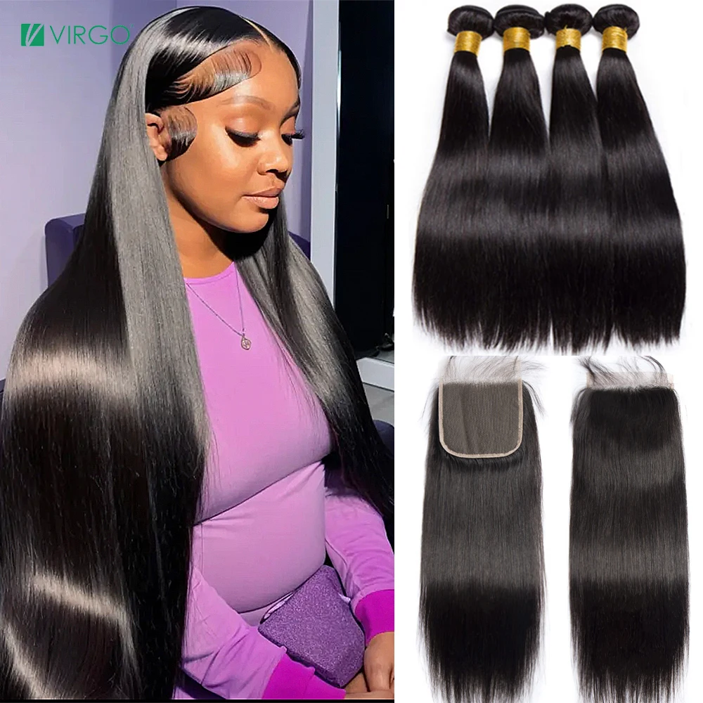 Virgo 5x5 4x4 Lace Closure With Bundles Peruvian Straight Hair Weave Bundle With - £83.92 GBP+