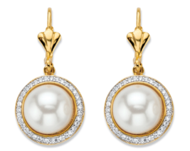 SIMULATED PEARL CZ 14K GOLD GP HALO HALF MOON LEVER BACK EARRINGS - £78.30 GBP