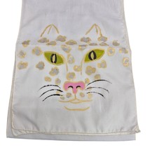 vintage White Hand Painted Kitty Cat Leopard Scarf 1970s Acetate 53&quot; long - $33.66