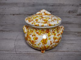 Vintage Hand Painted 1980s Splatter Paint Ceramic Pot Bowl w/ Lid Orange Yellow - £12.47 GBP