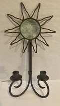 Vintage Metal &amp; Glass Sun Wall Sconce Double Taper Candle Holder Glass Face - $15.71