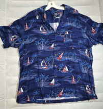 George blue red white tropical sail boats palm trees Men's XL button fro... - $14.54