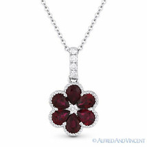 1.17ct Red Ruby &amp; Diamond Flower Pendant in 18k White Gold w/ 14k Chain Necklace - £1,169.44 GBP
