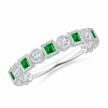 ANGARA Bezel-Set Square Emerald and Round Diamond Band in 14K Solid Gold - £1,184.72 GBP