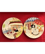 2 Plates by Mud Pie French Bistro Outdoor Scene Waiter Serving Wine Gath... - $225.80 MXN