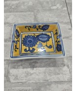 Vtg Mid Century Ceramic Ashtray Trinket Rectangular Yellow Blue White Gl... - $23.07 CAD
