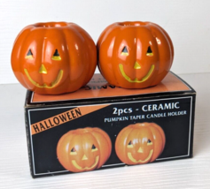 set of 2 Vintage Halloween Jack-o-Lantern Taper Candle Holders Pumpkin - $16.82