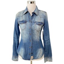 GUESS Slim Fit Denim Shirt Womens XS Fiddle Wash Blue Snap Front Shirt New - £27.18 GBP