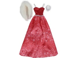 2014 Barbie Holiday Wishes Red &amp; Silver Dress Gown White Fur Stole CCP45 - £7.04 GBP