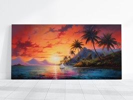 Beautiful Oil Painting Hawaii Ocean Beach Palm Trees Tropical Mountain Wall Art - £19.29 GBP+