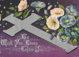 Silver Cross W/ Morning Glories On Purple Background Antique Easter Postcard - £5.53 GBP