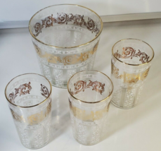 Vintage Mid Century Modern Glass 5&quot; Ice Bucket W/3 Glasses White &amp; Gold ... - $39.59