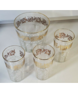 Vintage Mid Century Modern Glass 5&quot; Ice Bucket W/3 Glasses White &amp; Gold ... - $54.66 CAD