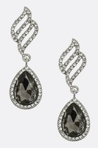 Crystal Wing and Teardrop Earrings Woman Bridal Wedding Rhodium Black Diamond - £5.48 GBP
