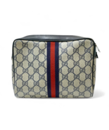 GUCCI GG PVC Pouch Clutch Bag Sherry Line Web Stripe Navy Leather Auth - $164.47