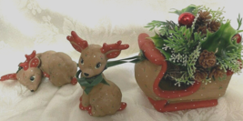 rare Vtg Christmas Rein Deer Sleigh Ceramic Kimple 1980s Set 3 Mantle Tabletop - £34.91 GBP