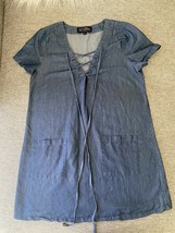 Sweet Wanderer Chambray M Blue Denim Pocket Lace Up Casual Shift Short Dress - £14.81 GBP