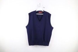 Vintage 70s Streetwear Mens Large Blank Knit V-Neck Sweater Vest Navy Blue USA - £39.38 GBP