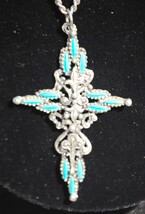 Cross Necklace Silver Tone Faux Turquoise Stones Jewelry Vintage - £11.89 GBP