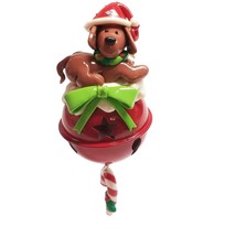 Dog Christmas Ornament w Brown Puppy on Red Bell Hanging Candy Cane Santa Hat - £10.74 GBP