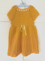 Little Girl&#39;s Vintage Hand Crocheted Marigold Yellow Knit Dress approx 6x - £14.19 GBP
