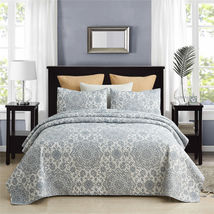 Grey Floral - Queen - 3PC Quilt Set Plaid Blanket with 2 Shams - £60.59 GBP