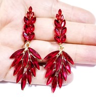 Bridesmaid Drop Earrings, Rhinestone Crystal Earrings, 2.8 inch Red Chandelier E - £27.66 GBP
