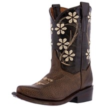 Kids Western Boots Floral Stitched Smooth Leather Dark Brown Snip Toe Botas - £43.90 GBP