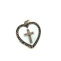 Antique Signed Sterling Inlay MOP Marcasite Cross Heart Locket Charm Pendant - £51.43 GBP