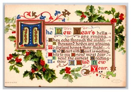 Glad New Years Bells Holly Berries Calligraphy DB Postcard A16 - $4.90