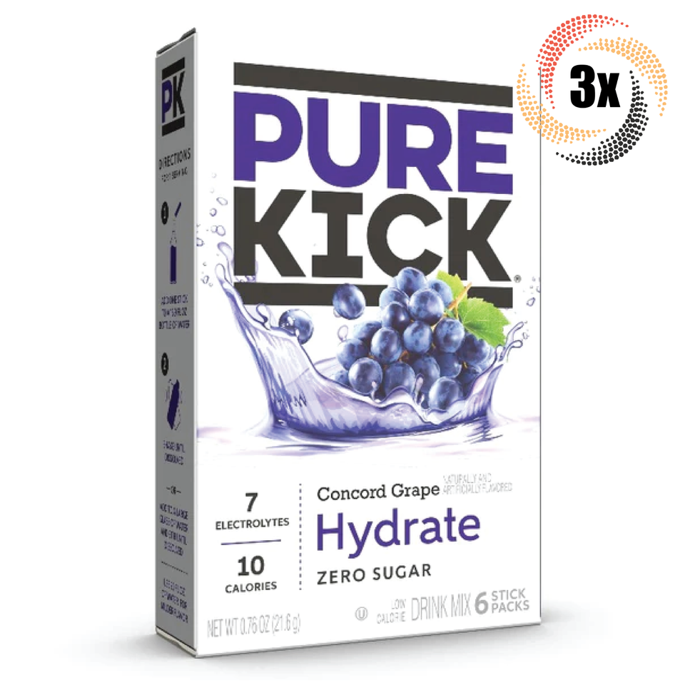 3x Packs Pure Kick Concord Grape Hydration Drink Mix | 6 Singles Each | .76oz - $11.27