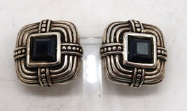 Vtg Black &amp; Silver Tone Square Clip-on Earrings w/ Square Cut Faceted Rh... - $12.00