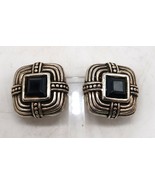 Vtg Black &amp; Silver Tone Square Clip-on Earrings w/ Square Cut Faceted Rh... - $16.84 CAD