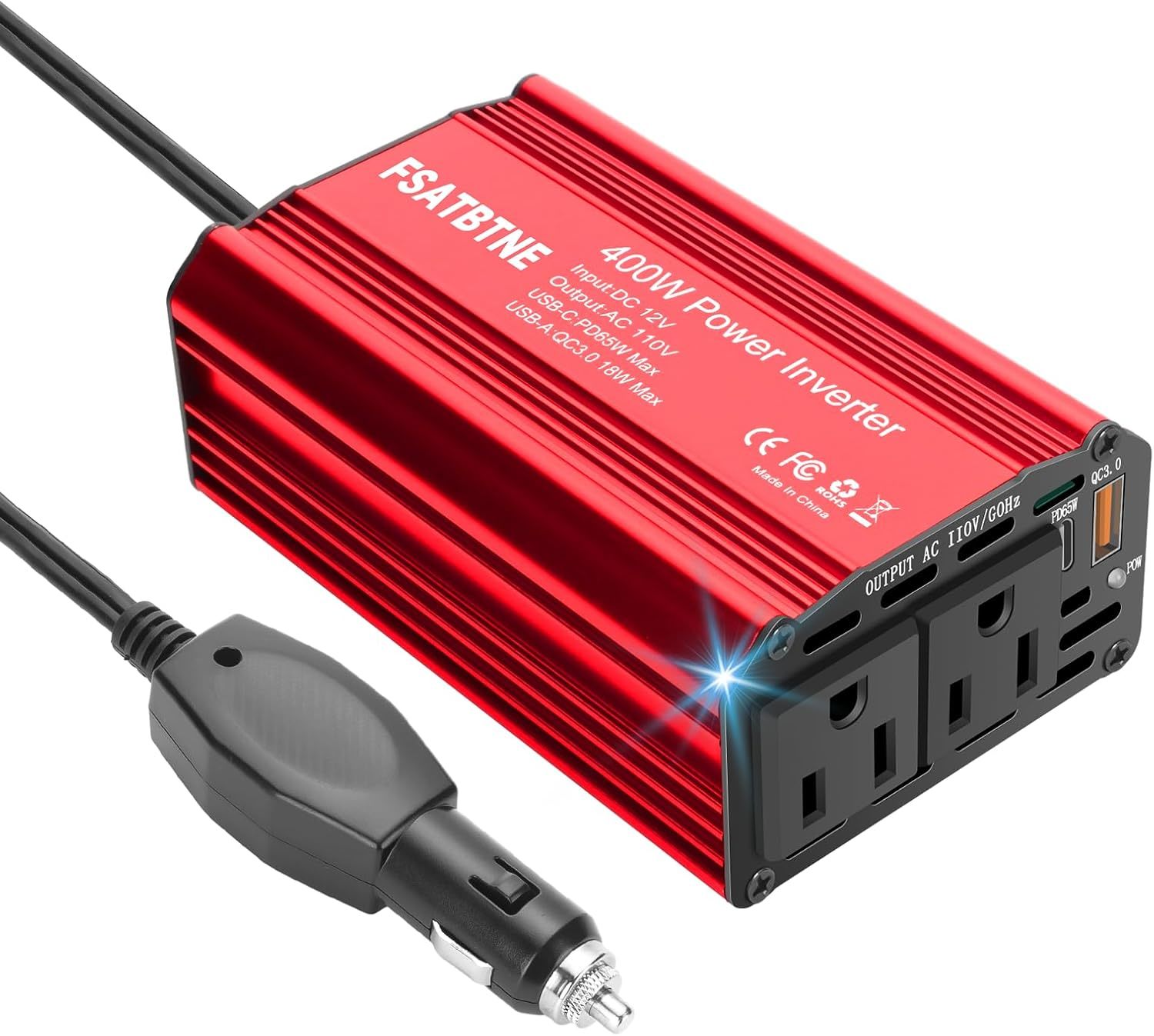 400W Power Inverter, Fsatbtne Dc 12V To 110V Ac Car Plug Adapter Outlet - $36.92