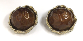 Vintage Clip On Earrings Round Chunky Lucite Brown Gold Tone - £14.67 GBP